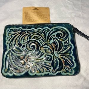 Patricia Nash clutch handbag weather, authentic with registration card turquoise